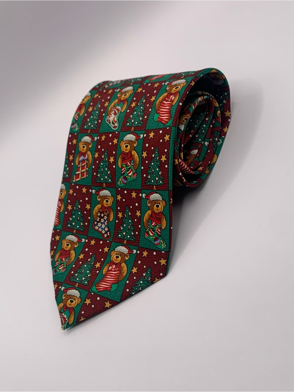Holiday Teddy Bear in stocking Pattern Burgundy Men's Tie Christmas formal